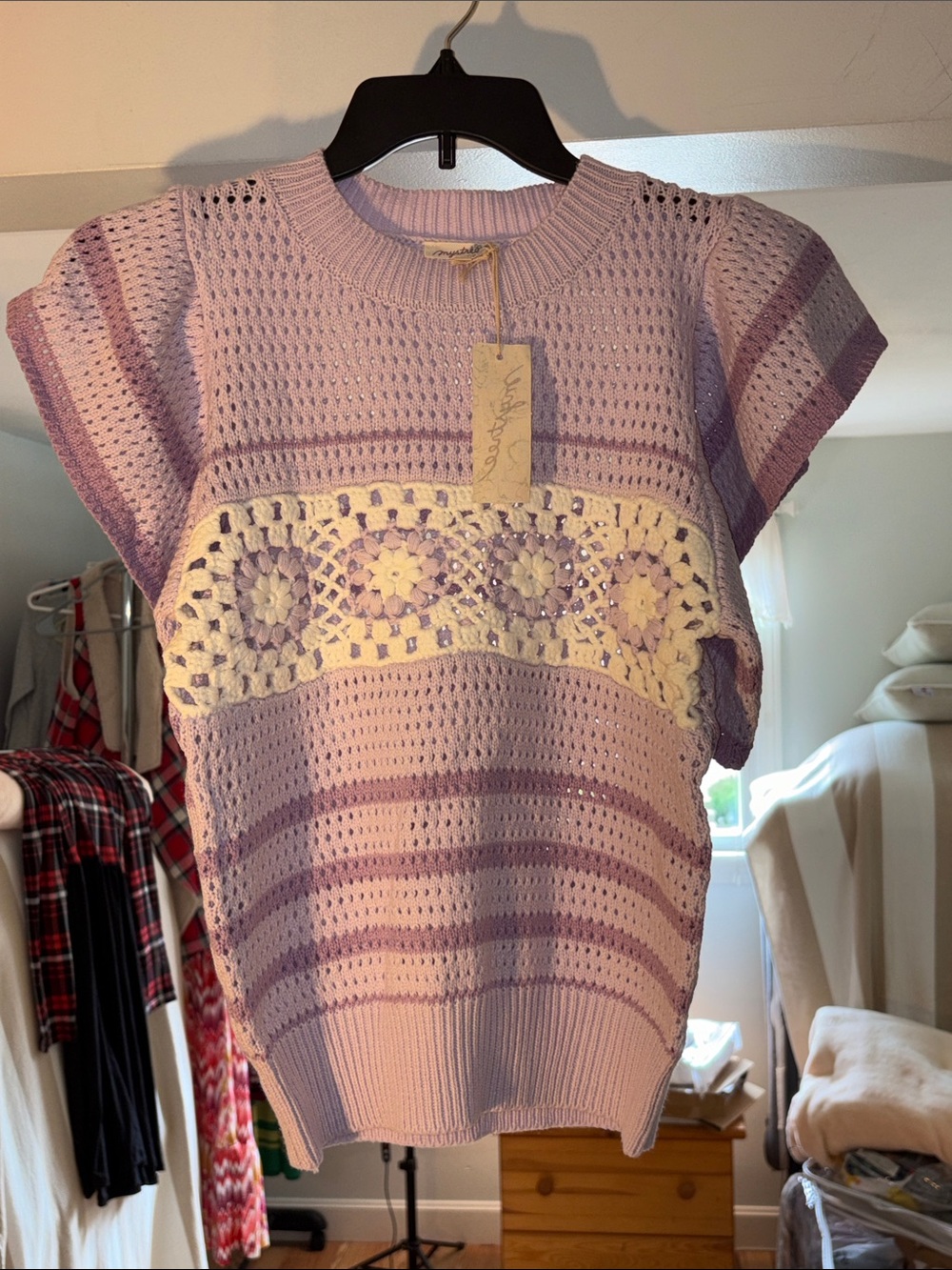 Mystree Sleeveless Crochet Stripe Knit Top - Lavender Cream Med NWT